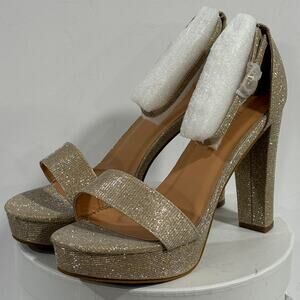 Champagne Glitter Platform Heels Block Heel Ankle Strap Bridal Wedding Guests 9M